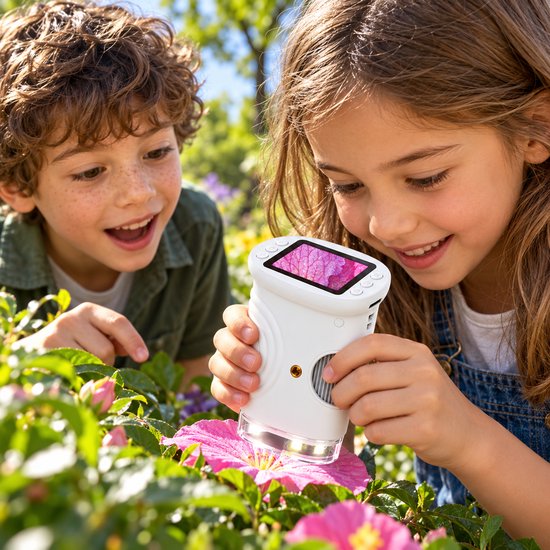 Digitale Microscoop voor Kinderen – Handmicroscoop met Kleurenscherm – Foto & Video – LED-Verlichting – Oplaadbaar via USB-C – Compact & Draagbaar – Wit
