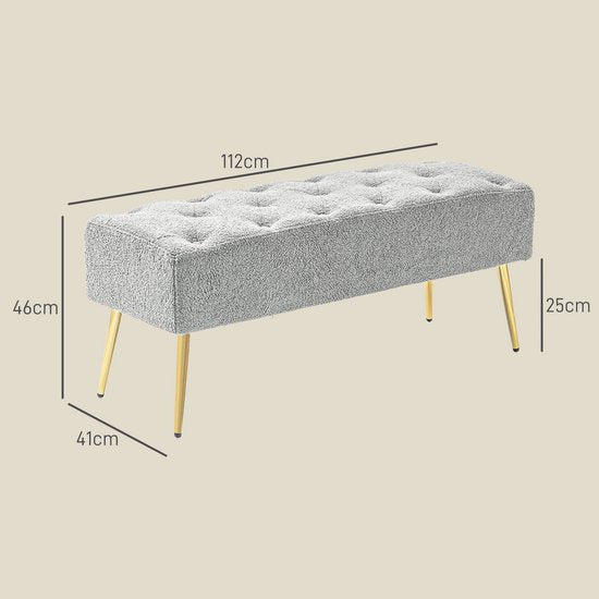 Bedbank met Gouden poten gestoffeerd lamswol optiek 41x112x46cm - Grijs