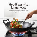 Gietijzeren Wok Ø36 cm met Houten Deksel – Wokpan Gietijzer voor Inductie, Gas, Oven & BBQ – Pre-seasoned – Grote Wokpan met Handgrepen – Professionele Wok