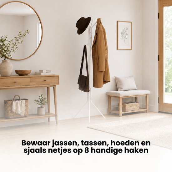 Kapstok Staand – Kledingrek met 8 Haken – Hoogte 172 cm – Staande Kapstok Metaal – Vrijstaande Kapstok – Wit – Voor Hal, Slaapkamer en Kantoor