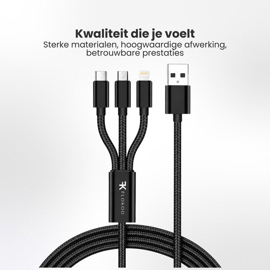 FLOKOO 3-in-1 USB Kabel – 1 meter – Snelladen & Dataoverdracht – USB naar USB-C - Micro-USB - Lightning – Nylon Gevlochten – Zwart - Oplaadkabel Telefoon