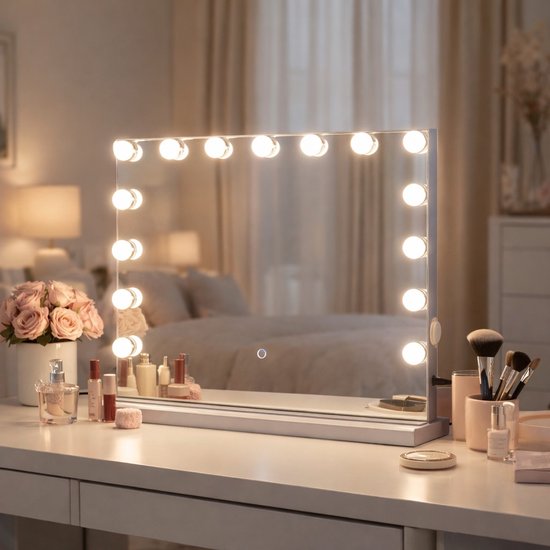 ⁠Jeemsie – Hollywood Spiegel met Verlichting – 3 Lichtstanden, Dimbaar, Touch – Tafel & Wandmontage – 58×48 cm – Wit
