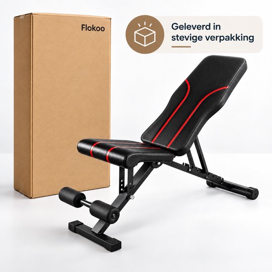 Verstelbare Fitnessbank – Opvouwbare Trainingsbank voor Thuis – Halterbank met Verstelbare Rugleuning – Incline & Flat Bench – Buikspierbank met Beenrollen – Zwart-Rood