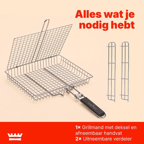 Grillmand BBQ – RVS Barbecue Grillmand met Deksel – 31 x 24,2 cm – Met 2 Uitneembare Verdelers – Afneembaar Handvat – Voor Vis, Vlees & Groenten