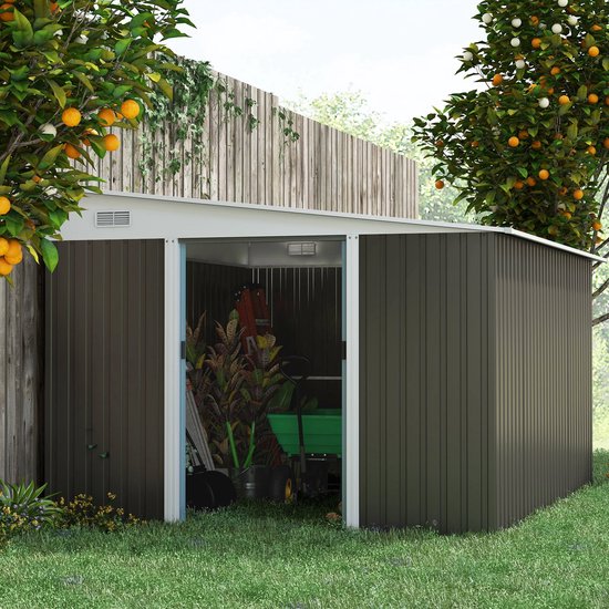 Metalen Tuinschuur met Schuin Dak - Dubbele Vergrendelbare Deuren - 2,8 x 3,45 x 2,01m - Grijs