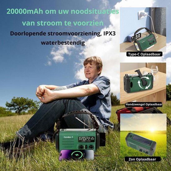 NovaWare NoodRadio Solar Opwindbaar - FM-AM - Powerbank Zonneenergie met 20.000mAh - Survival Noodpakket - Draagbare Radio op batterijen – Groen