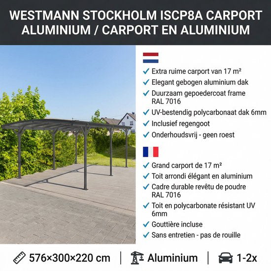 Westmann Aluminium Carport Stockholm Gebogen 576x300x220 cm - Grijs