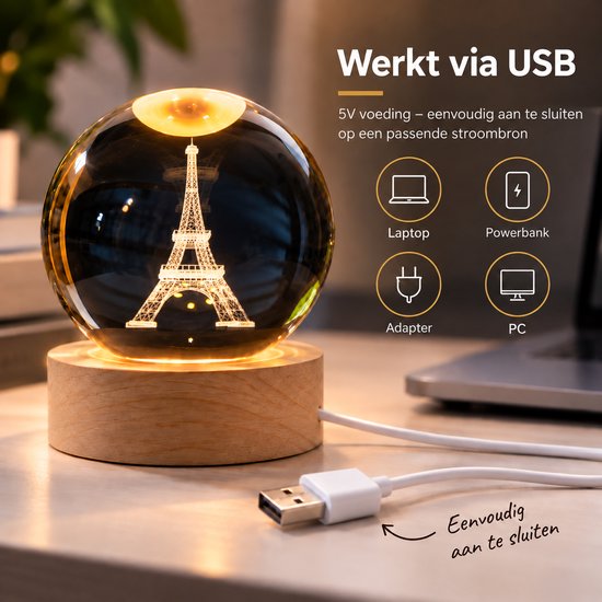 DMG Supply 3D Kristallen Bol Lamp - USB Oplaadbaar - LED Lamp - Nachtlamp - Tafellamp - Bureaulamp