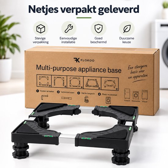 Wasmachine Verhoger Verstelbaar – Wasmachine Onderstel 40-65 cm – Hoogte 10-13 cm – Draagkracht 200 kg – Met Waterpas & Antislip – Voor Wasmachine, Droger en Koelkast