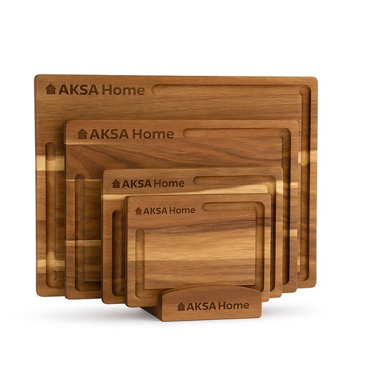 AKSA Home® 4-Delige Snijplankenset met Houder - Houten Snijplank met Sapgeul voor Keuken - Serveerplank - Kaasplank - Borrelplank - Acaciahout