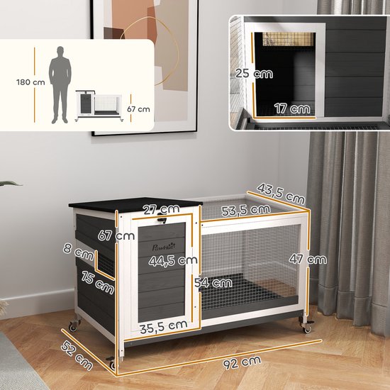 Houten Konijnenhok met Loopgedeelte - voor Binnen & Buiten 92x52x67 cm - Grijs