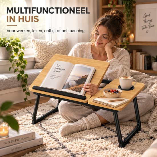 Laptoptafel voor Bed & Bank – Inklapbare Bedtafel met Verstelbaar Werkblad – Bekerhouder & Zijblad – Laptopstandaard van Bamboe – Tot 45 kg
