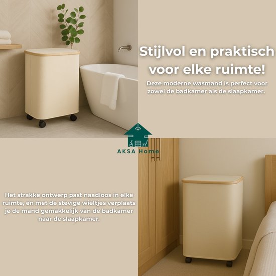 AKSA Home® Wasmand met Wieltjes - Wassorteerder met 3 vakken - Wasmand Opvouwbaar met Deksel - 160L - Beige/Creme