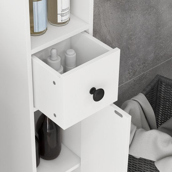 Badkamerkast Smal - 4 planken - lade en 2 draaideuren - Wit