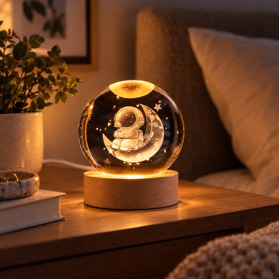 DMG Supply 3D Kristallen Bol Lamp - USB Oplaadbaar - LED Lamp - Nachtlamp - Tafellamp - Bureaulamp