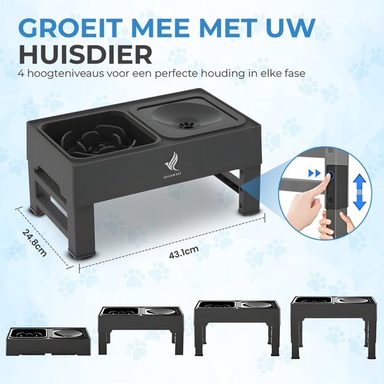 NovaWare Voerbak Kat en Hond – Met Standaard – Verstelbare & Verhoogde Voerbak - Anti lek Drinkbak - Slow Feeder Hondenvoerbak - Dubbel – Zwart