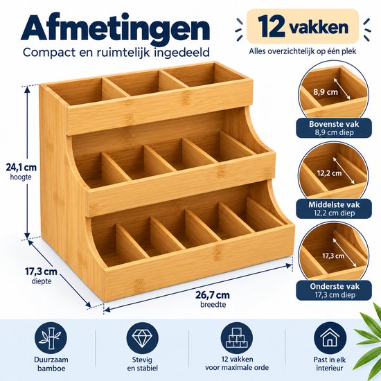 Theezakjes Organizer Bamboe – Theedoos met 12 Vakken – 3-Laags Theerek – Theezakjeshouder voor Aanrecht – Volledig Gemonteerd – 26,7 × 17,3 × 24,1 cm