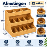 Theezakjes Organizer Bamboe – Theedoos met 12 Vakken – 3-Laags Theerek – Theezakjeshouder voor Aanrecht – Volledig Gemonteerd – 26,7 × 17,3 × 24,1 cm