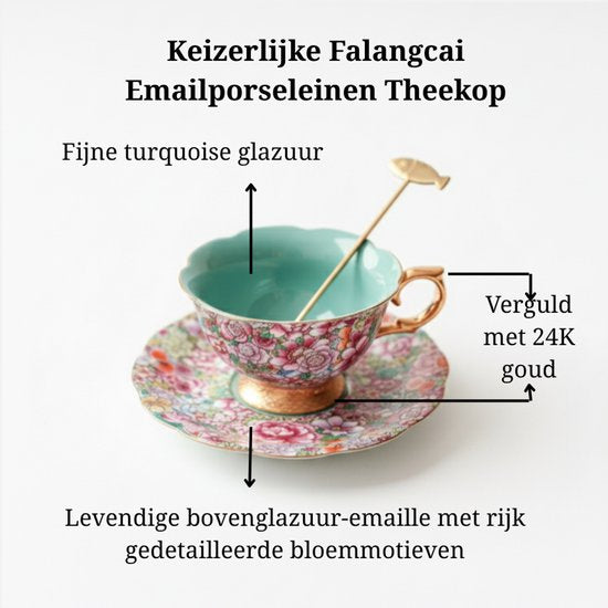 Vintage Bloemen Koffiekop & Schotel Set – Luxe Thee- en Koffieservies met Gouden Lepel – Elegant & Tijdloos