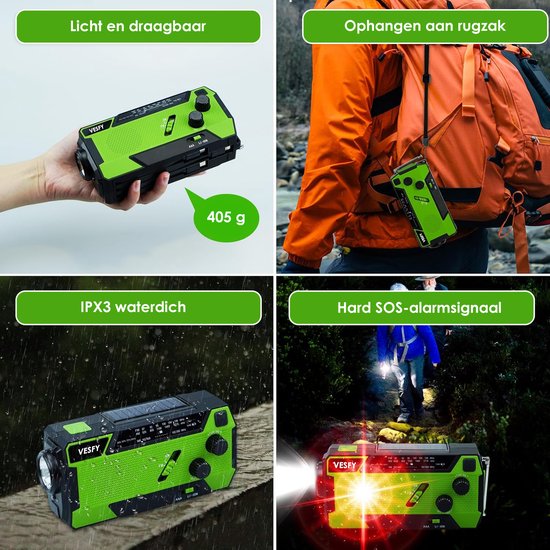 Vesfy Noodradio Solar Opwindbaar - Oplaadbaar & Batterijen - 7400mWh - LED Zaklamp - AM-FM Radio - Draagbare Radio voor Noodpakket