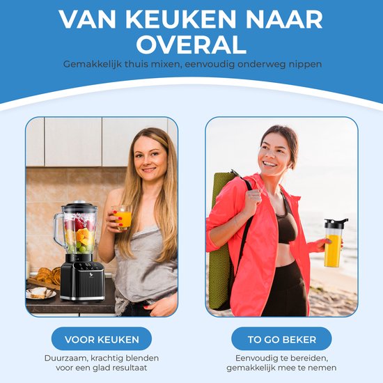 NovaWare Blender - 1.5L - Inclusief beker to go 600ml - 1300W Smoothie Maker - Mini Blender – Met Display - Glas - Zwart