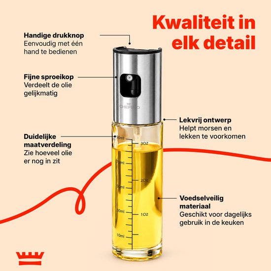 Oliespray Fles 90 ml – Olijfolie Spray met Fijne Nevel – Olieverstuiver met Maatverdeling – Inclusief Trechter, Reinigingsborstel & Siliconen Bakkwast – Voor Airfryer, BBQ en Salade