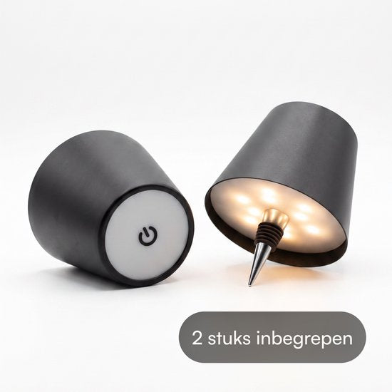 Fidali Flessenlamp - Oplaadbare LED Tafellamp USB-C - Dimbaar met touch bediening - Binnen & Buiten - Aluminium - Zwart - 2 Stuks
