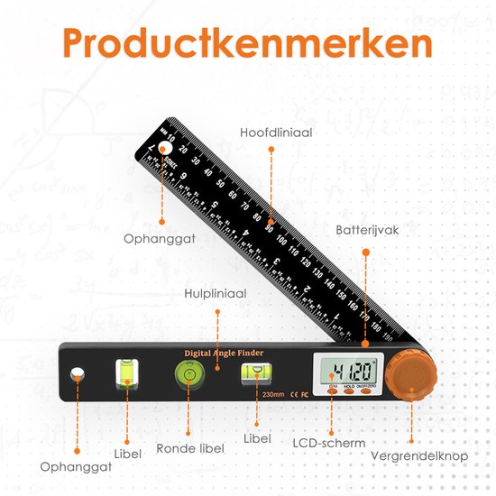 Vesfy Zwaaihaak Digitaal met Waterpas - 320mm - 360 Graden - Hoekmeter - Blokhaak - Winkelhaak