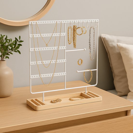 Sieradenhouder Wit met Houten Bodem – Organizer voor Kettingen, Oorbellen en Armbanden – Met Haakjes, Gaatjes en Opbergvakjes – 36,8 x 29 cm