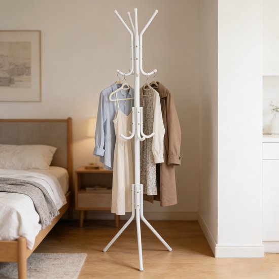 Kapstok Staand – Kledingrek met 12 Haken – Hoogte 172 cm – Staande Kapstok Metaal – Vrijstaande Kapstok – Wit – Voor Hal, Slaapkamer en Kantoor