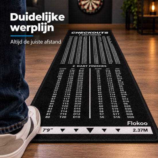 Dartmat met Oche & Checkout Tabel – 237 x 57 cm – Dartmat met Werplijn 2,37 m – 2 & 3 Dart Finishes – Antislip Dartmat – Zwart