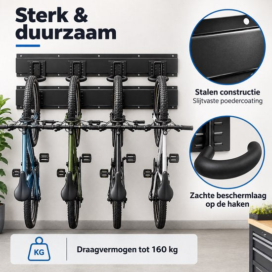 Fietsenrek Muur voor 4 Fietsen – Fiets Ophangsysteem Wand – Fietshouder met Rails & 8 Haken – Fiets Muurbeugel voor Garage en Schuur – Zwart