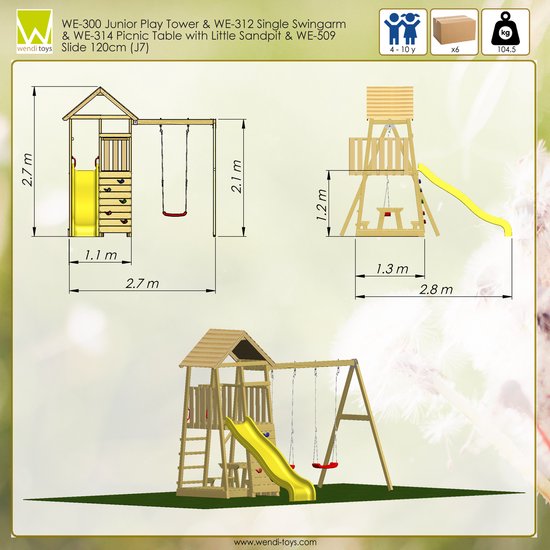 Wendi Toys Houten Speeltoren Pelikaan| met glijbaan, klimwand, schommel en tafel