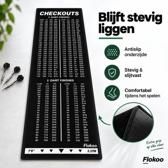 Dartmat met Oche & Checkout Tabel – 237 x 57 cm – Dartmat met Werplijn 2,37 m – 2 & 3 Dart Finishes – Antislip Dartmat – Zwart