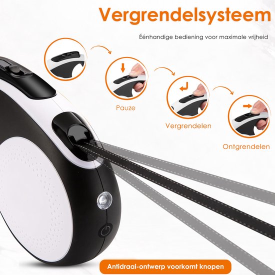 Hondenriem 5 meter met Lamp - Tot 50KG - Geschikt voor Grote & Kleine Honden - Rollijn hond - Automatische Rollijn
