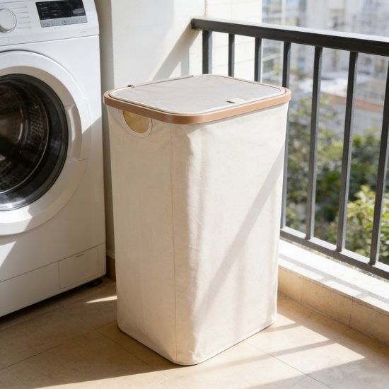 Wasmand met Deksel – Opvouwbare Wasmand – Wasbox 100L – Wassorteerder met Binnenzak – Beige – Voor Badkamer, Slaapkamer en Wasruimte