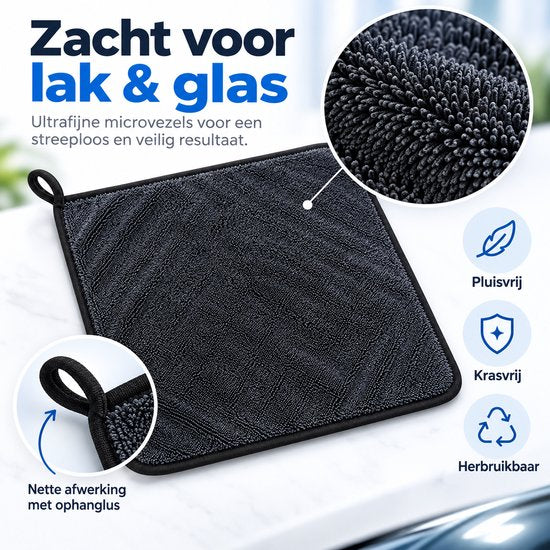 Microvezel Droogdoek Auto 60 x 40 cm - Autodroogdoek - Poetsdoek voor Auto, Lak & Glas - Zwart