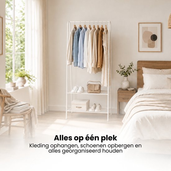 Kledingrek Staand – Kledingrek met Planken – Garderoberek Metaal – Open Kast – Kapstokrek – Wit – Voor Slaapkamer en Hal