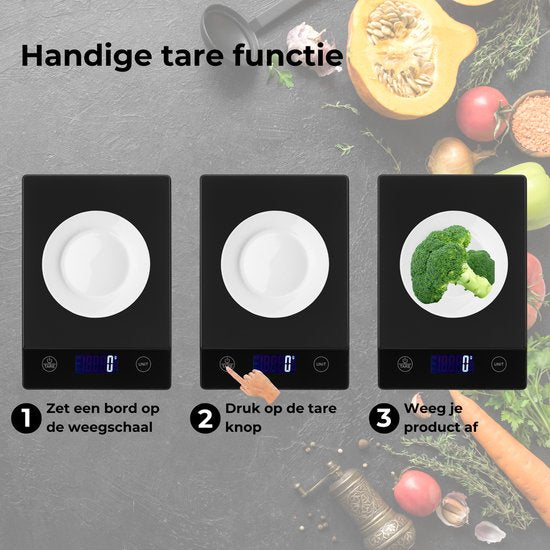 AKSA Home® Digitale Precisie Keukenweegschaal – Weegschaal Keuken - USB Oplaadbaar - 1gr tot 15kg – Tarra Functie - Inclusief Twee Batterijen - Zwart