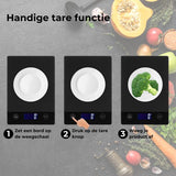 AKSA Home® Digitale Precisie Keukenweegschaal – Weegschaal Keuken - USB Oplaadbaar - 1gr tot 15kg – Tarra Functie - Inclusief Twee Batterijen - Zwart