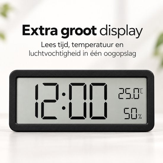 Digitale Wandklok met Thermometer & Hygrometer – Grote LCD Klok – Temperatuur- en Luchtvochtigheidsmeter – Tafelklok & Wandklok – Zwart