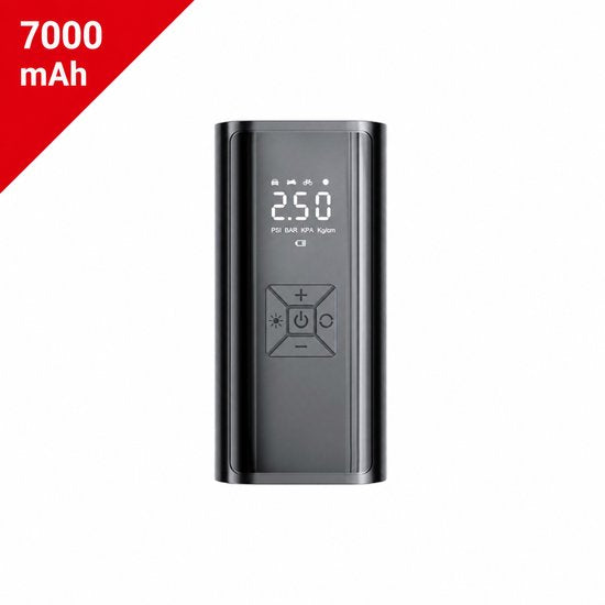 Draagbare Luchtcompressor 7000 mAh – Elektrische Luchtpomp Draadloos voor Auto, Fiets, Motor & Ballen – Digitale Bandenpomp met LCD Display, Powerbank en Automatische Stopfunctie