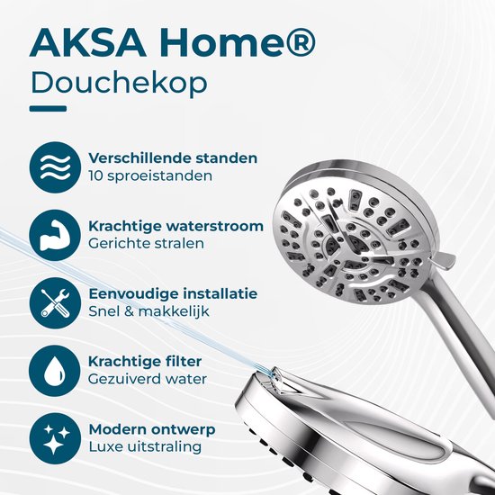 AKSA Home® Douchekop met Slang - Douchekop met Filter - 10 sproeistanden - Regendouche met Hoge Druk - Zilver
