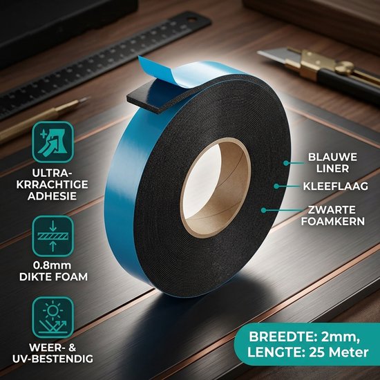 24ME® - Pakket van 5 Rollen - 25 Meter Foam Tape – 2 cm Breed – Dubbelzijdige Tape voor Montage, Klussen, Auto & Hobby