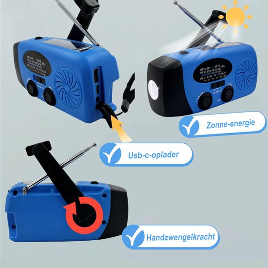 NovaWare Noodradio Solar Opwindbaar - Powerbank Zonneenergie met 5000mAh - FM-AM - Noodpakket - Draagbare Radio – Batterij - Blauw
