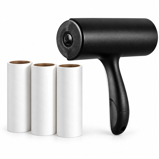 Kledingroller met 3 Navulrollen – 150 Kleefvellen – Plakroller voor Kleding & Meubels – Haarverwijderaar voor Honden- en Kattenharen – Pluisroller – Zwart