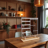 Sieradenhouder Wit met Houten Bodem – Organizer voor Kettingen, Oorbellen en Armbanden – Met Haakjes, Gaatjes en Opbergvakjes – 36,8 x 29 cm