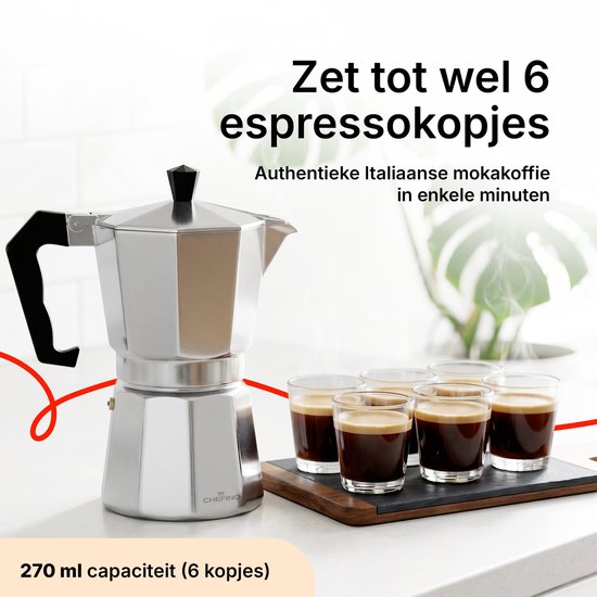 Chefino Percolator 6 Kops – Moka Pot 270 ml – Espressopot voor Italiaans Koffiezetten – Aluminium Mokkapot – Espressomaker voor Gasfornuis