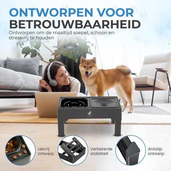 NovaWare Voerbak Kat en Hond – Met Standaard – Verstelbare & Verhoogde Voerbak - Anti lek Drinkbak - Slow Feeder Hondenvoerbak - Dubbel – Zwart