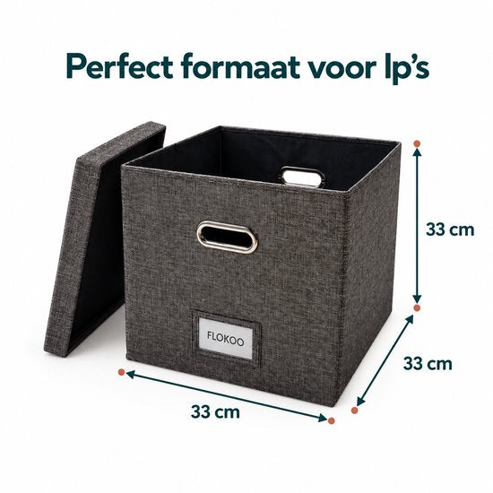 LP Opbergsysteem - Opbergbox met Deksel – Vinyl Opbergbox voor 50+ Platen – 33 x 33 x 33 cm – Platenkoffer met Handgrepen & Labelhouder – Donkergrijs